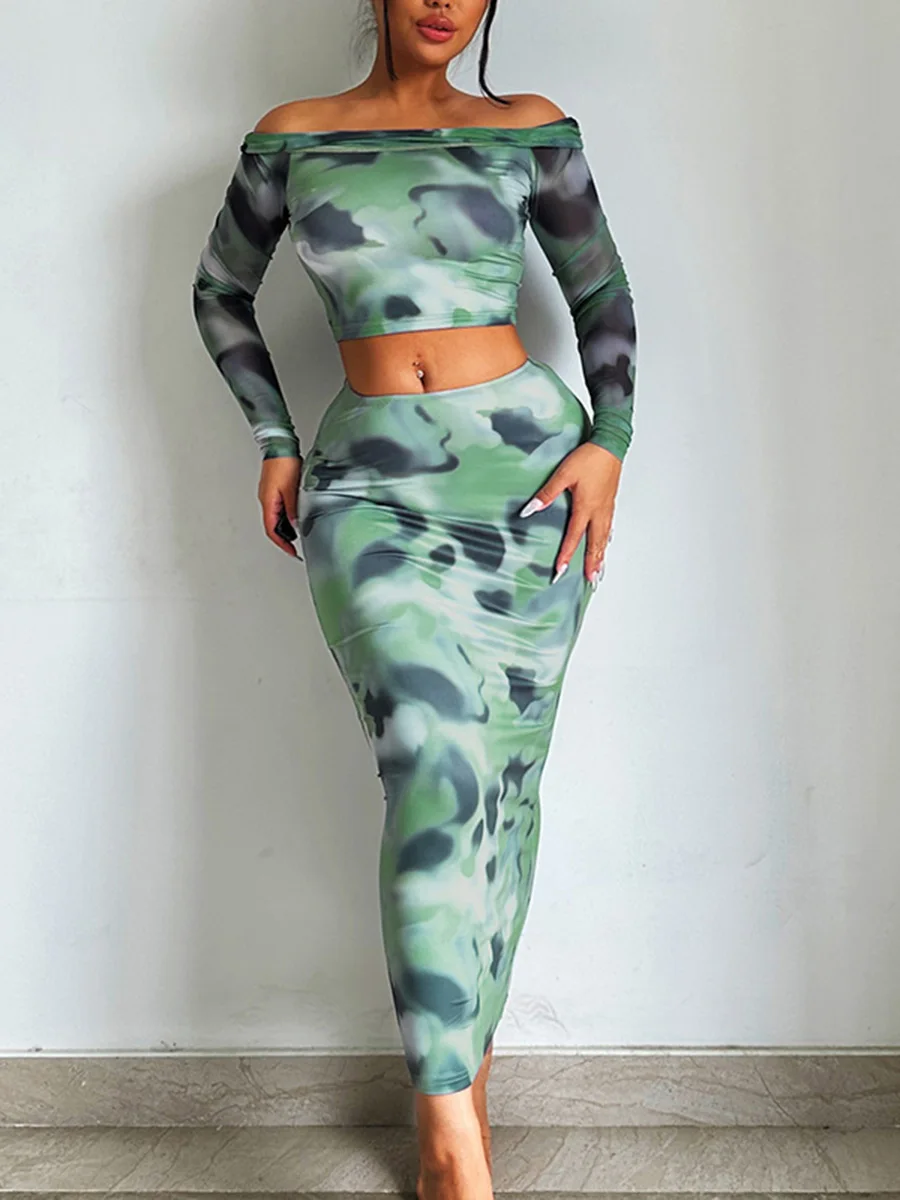 

Женский комплект из 2 предметов s Y2K, укороченный топ с открытыми плечами, длинным рукавом и юбка макси с принтом, идеальный осенний наряд