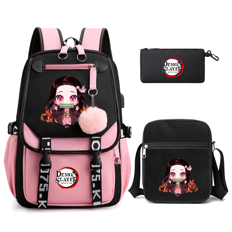 

3Pcs/set Kamado Nezuko Demon Slayer Backpacks for Girls Anime School Bag Teenager Student Canvas Laptop Back Pack Women Rucksack