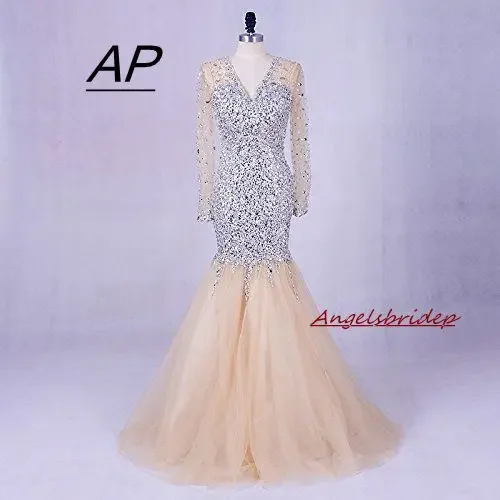 

Luxury Deep V-Neck Crystal Long Sleeves Bridal Gowns Wedding Dress For Women Sexy Formal Mermaid Bride Customize