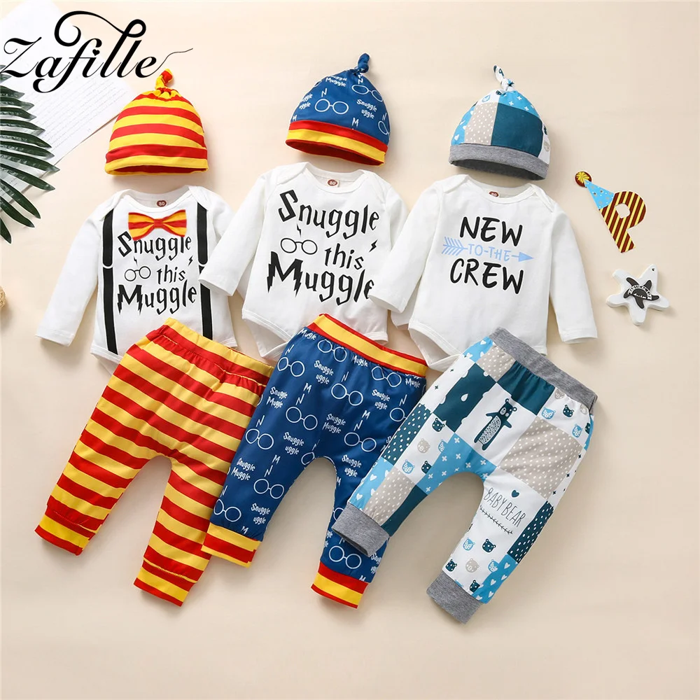 

ZAFILLE 2023 Newest Winter Baby Clothes For Boy Letter Bodysuit Romper+Print Pants+Hat 3pcs Newborn Outfits 0-9 Months Boy Sets