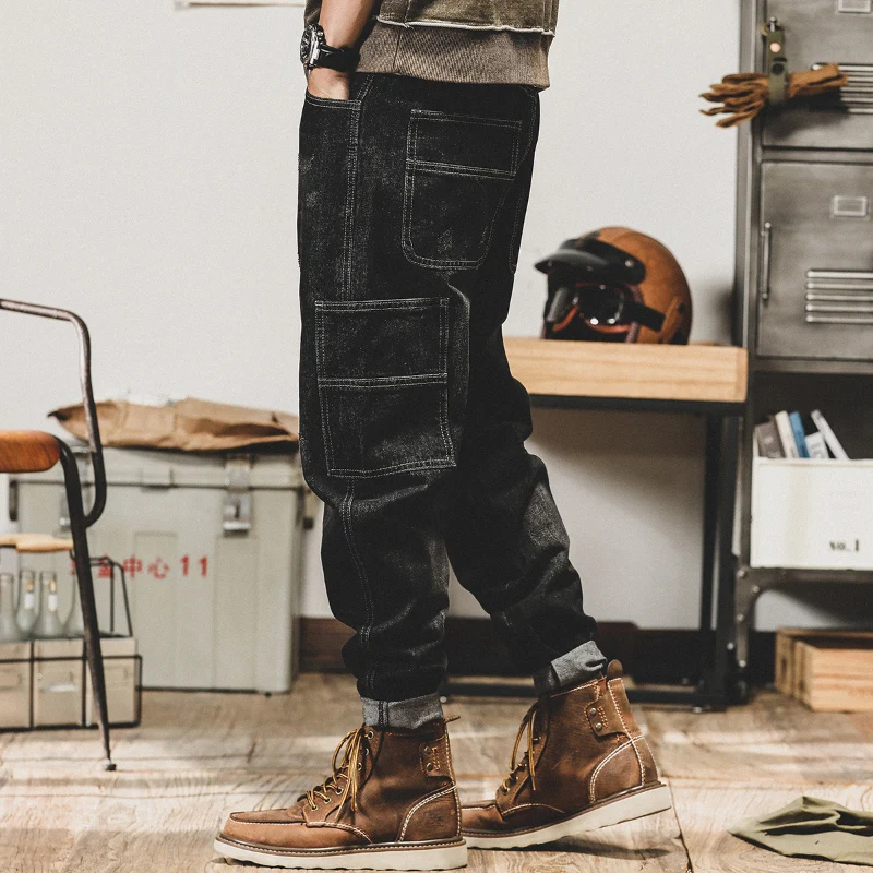 Streetwear Fashion Men Jeans Black Gray Multi Pockets Casual Denim Cargo Pants Hombre Hip Hop Loose Jeans Men Wide Leg Trousers