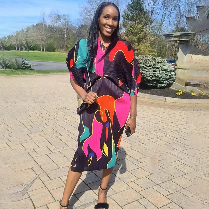 

Miyake Pleated Dress Women 2022 Summer Fashion Printed V-neck Batwing Sleeve Loose Large Size Midi Dress Maxi Dresses for Women