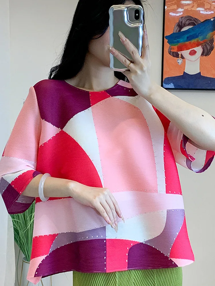 

Женская свободная футболка миаке с принтом, новый стиль, повседневный плиссированный топ для весны