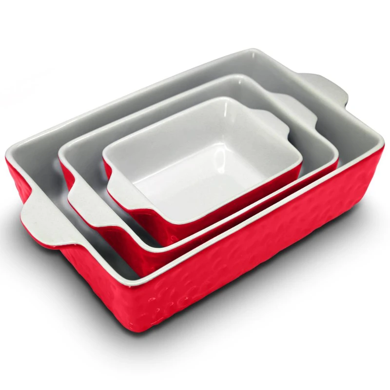 

3 PIece Nonstick Ceramic Bakeware Set - PFOA PFOS PTFE Free Baking Tray Set w/ Odor-Free Ceramic Pans, Red