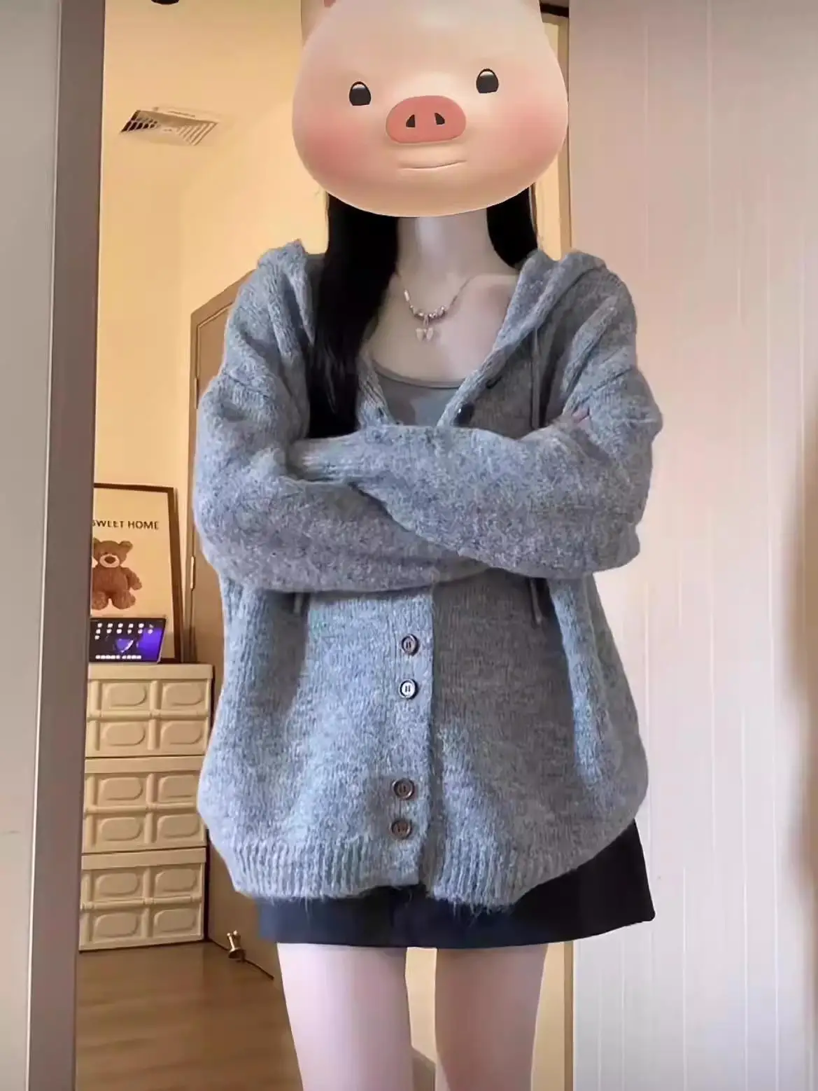 Gray Hood Sweater Cardigan Outerwear Women Autumn and Winter Korean Series Wear Oversize Idle Sle Knit Top