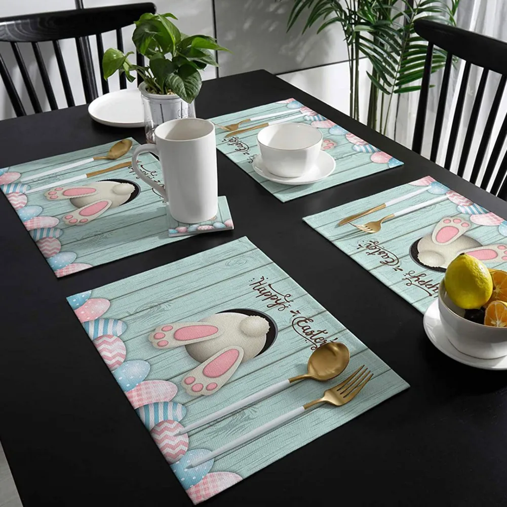 

4pcs Easter Placemats Cotton Linen Heat Resistant Table Mats Non-Slip Happy Easter Bunny Gnome Eggs Placemat for Holiday Banquet