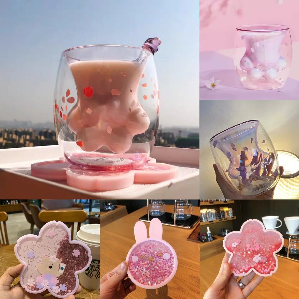 Taza de café con diseño de Pata de Gato Sakura, vaso con diseño Floral de cereza de doble capa, taza de leche y café transparente de dibujos animados Kawaii, el mejor regalo