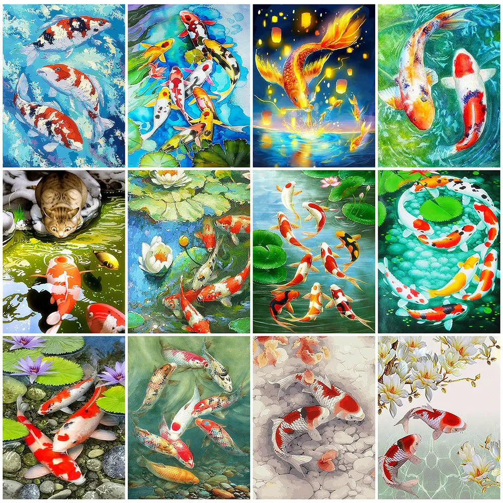 

HUACAN 5D Diamond Mosaic Koi Fish Diamond Painting Cat Lotus Kits Full Square/Round Drill Embroidery Home Decor