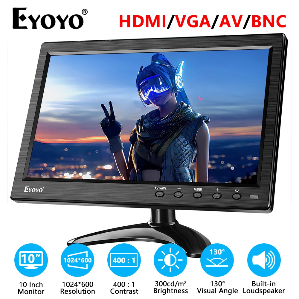 10-дюймовый монитор Eyoyo EM10M с динамиком, дисплей 1024x60 0 HD TFT, Поддержка AV VGA BNC HDMI, видеовход для CCTV, DVD, ПК, DVR