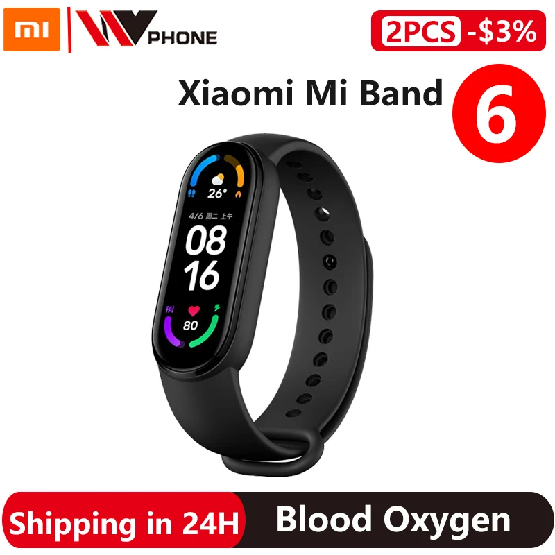 

Смарт-браслет Xiaomi Mi Band 6, фитнес трекер с AMOLED экраном 5 цветов, с функцией измерения уровня кислорода в крови, с поддержкой Bluetooth, водонепрониц...