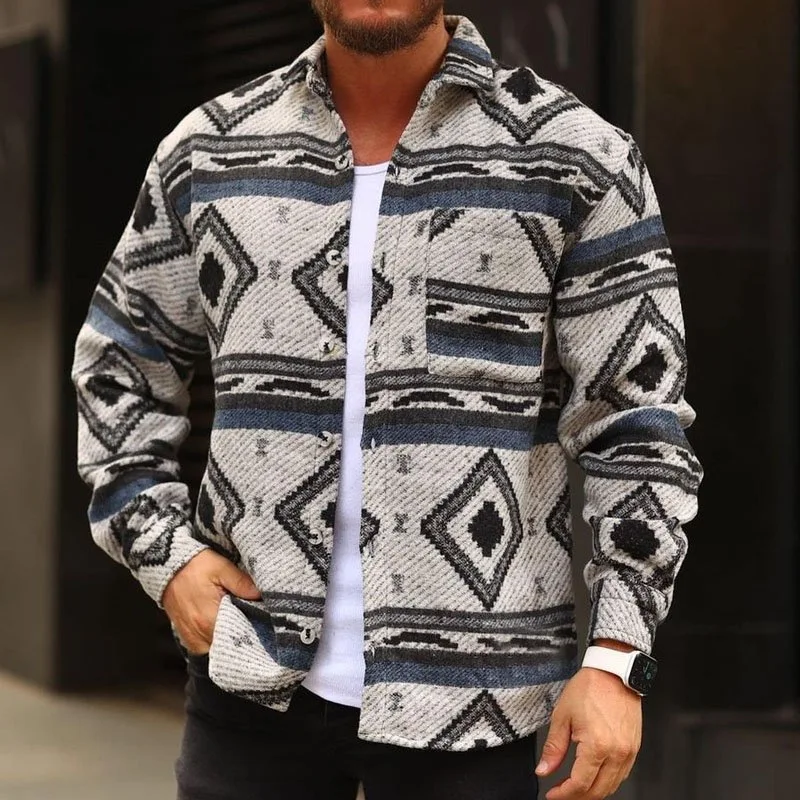 

Куртка мужская однобортная с длинным рукавом, повседневный топ с лацканами, свободная верхняя одежда, модная рубашка с принтом, Осень-зима