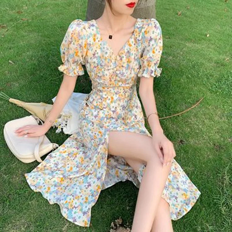 

Women's Green Dress A-line Skirt Summer Beach Casual Elegant Breathable Mid-Length Dress V-neck Print Women's Beach Skirt