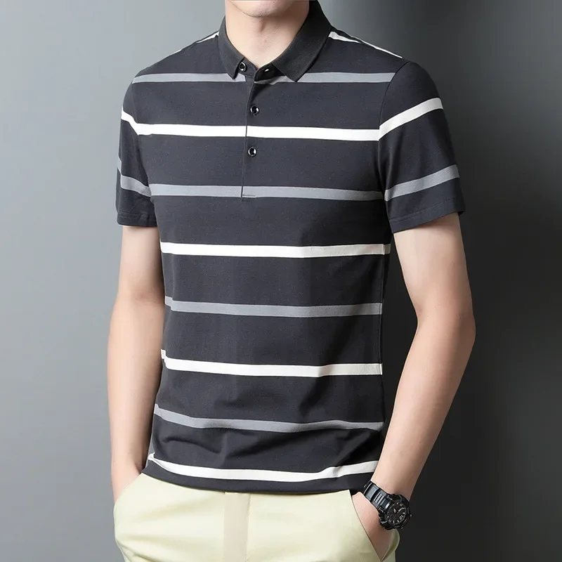 Летняя деловая тонкая хлопковая Футболка с лацканами в полоску простой