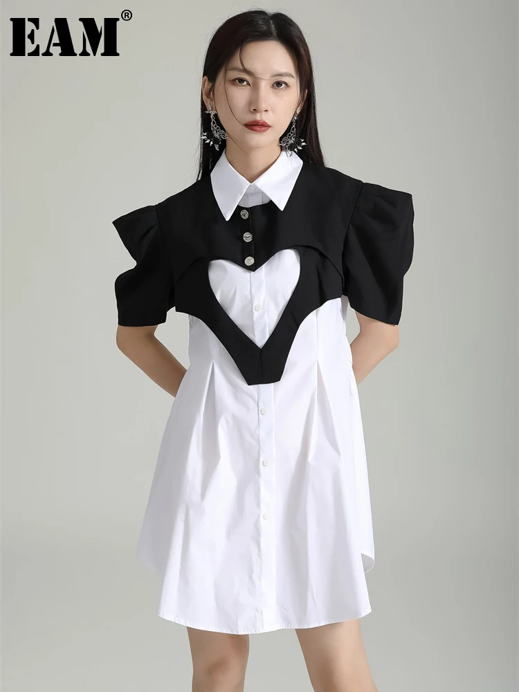 

[EAM] Women White Color-block Hollow Out Mini Dress New Lapel Short Puff Sleeve Loose Fit Fashion Spring Summer 2023 1DF9548