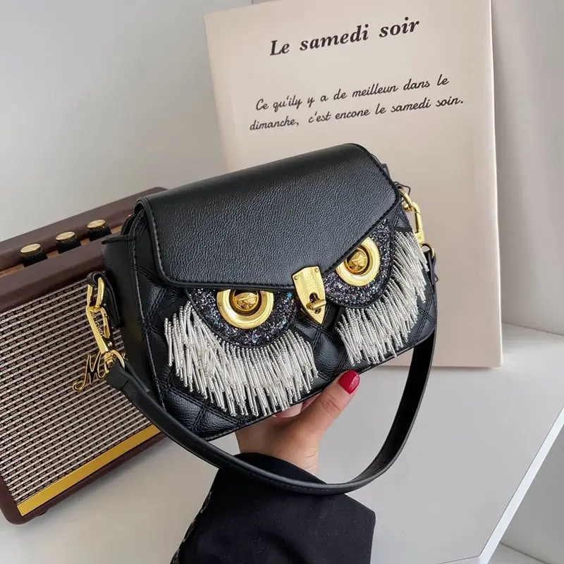 

Owl Pearl Tassel Shoulder Messenger Bag 2022 New Women's Bag Candy Color Handbag Embossing Process PU Soft Handle Tote Bag