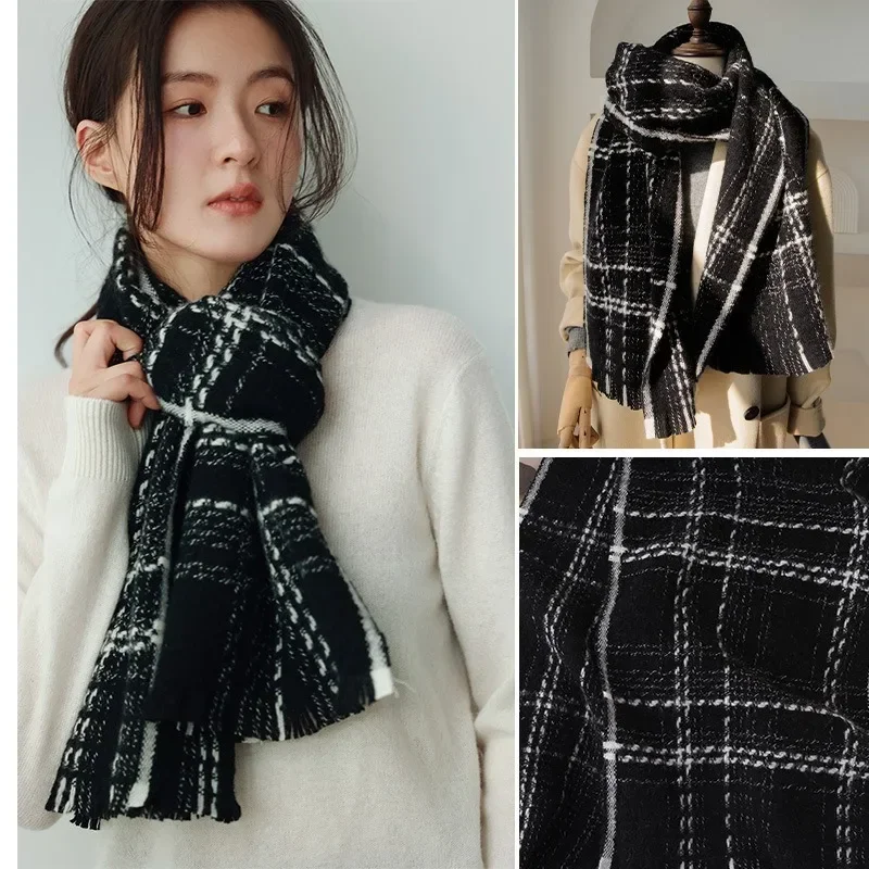 Черно-белый шарф из 100% шерсти для женщин на осень и зиму небольшой