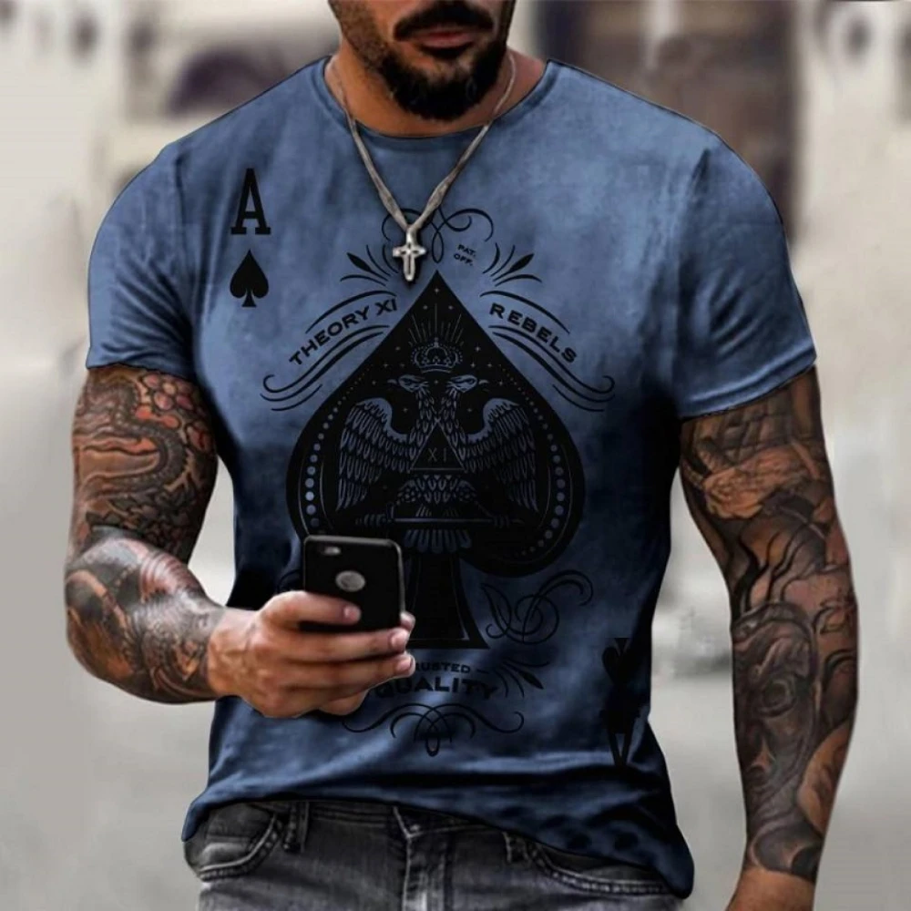 

2023 Summer Casual 3D Poker A-pattern Series Printed Men's T-shirts Short Sleeves O-collar Top Large T-shirt Men's Clothing