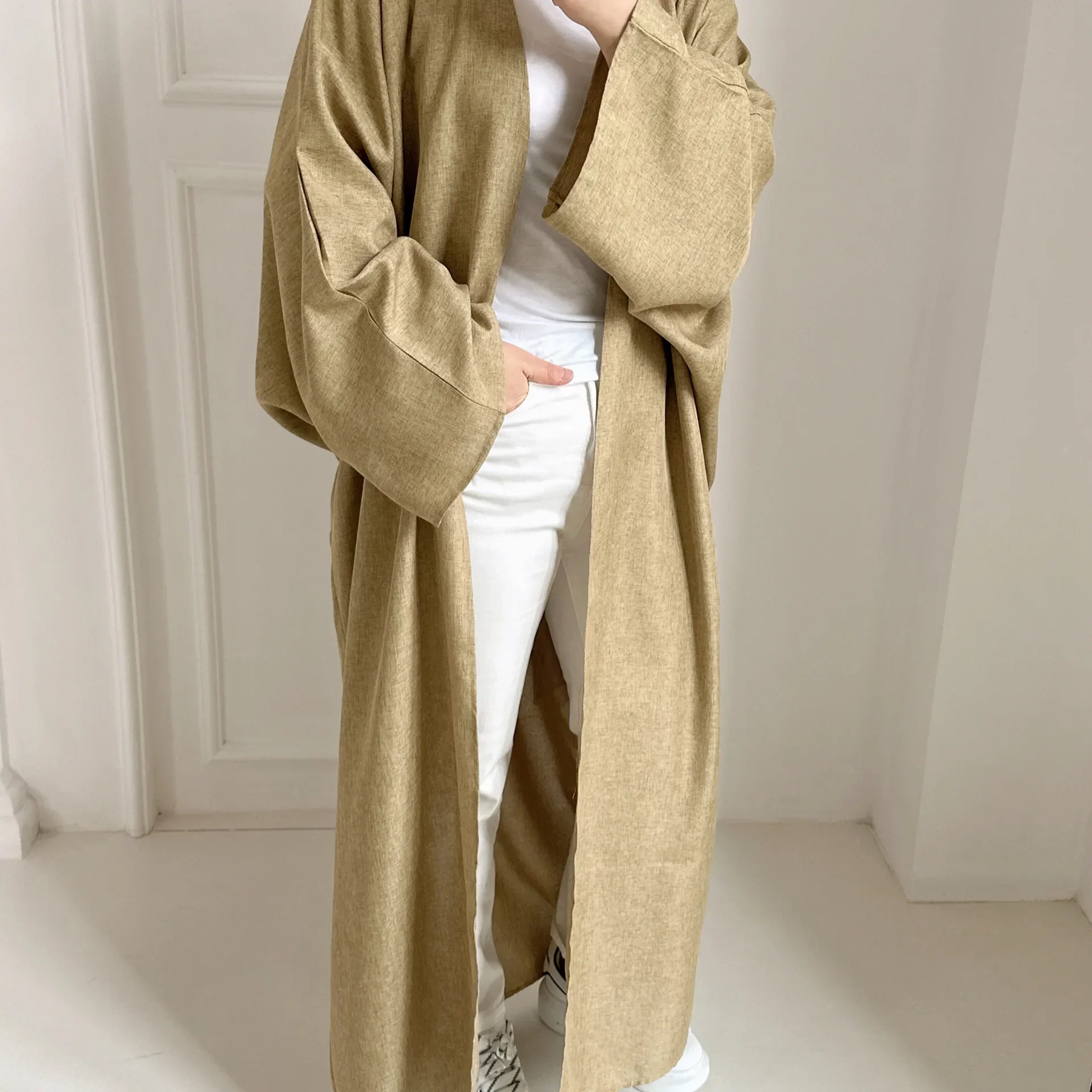 Ид Кимоно Льняная Открытая Абая для Женщин Дубай Простая Повседневная