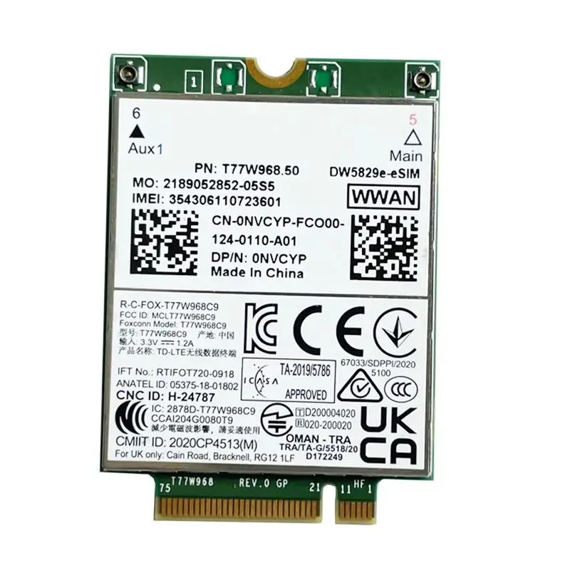 Фото T77W968.50 Dw5829e-ESIM M.2 4G модуль-модем Cat9 450 Мбит/с TDD-LTE 4G модуль для ноутбуков Dell 7320 7330 7520 7530 7430 -B12B №1