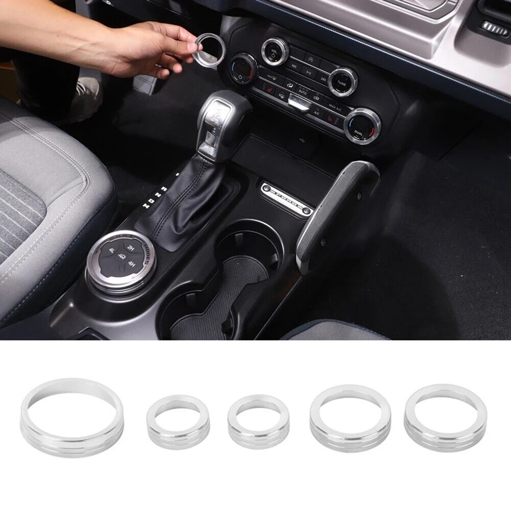 

5pcs Car Air Condition 4WD Audio Silver/blue Switch Knob Ring Cover Decoration For Ford Bronco 21+ Button Ring Trim Equippments