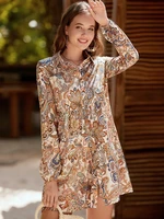 2022 women printed dress boho style floral shirt fashion turn down collar long sleeve mini dresses ladies spring dresses