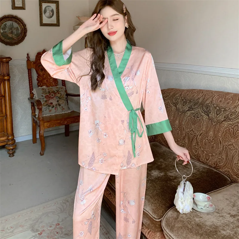 2023 Spring and Autumn New Pajamas Women's Artificial Silk Long-Sleeved Trousers Cardigan Flower Home Wear Lace-up Suit