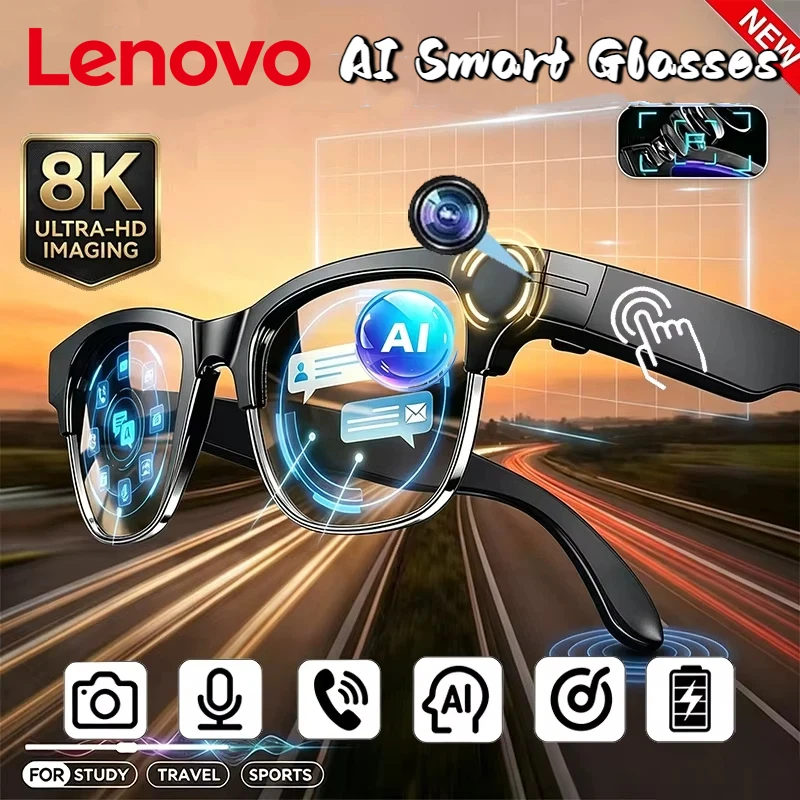 Фото Умные очки Lenovo с голосовым помощником AI, 4K-камерой, дистанционным управлением, сенсорным управлением, функцией фотосъемки, переводчиком и беспроводным Bluetooth-подключением. №3