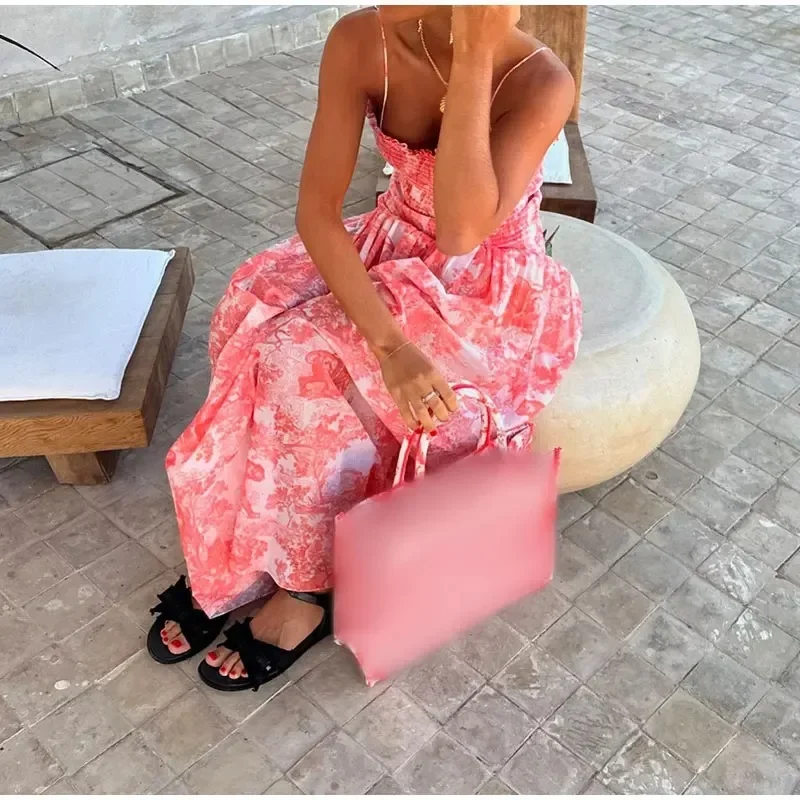 Летнее женское эластичное пляжное длинное платье без бретелек рукавов с высокой