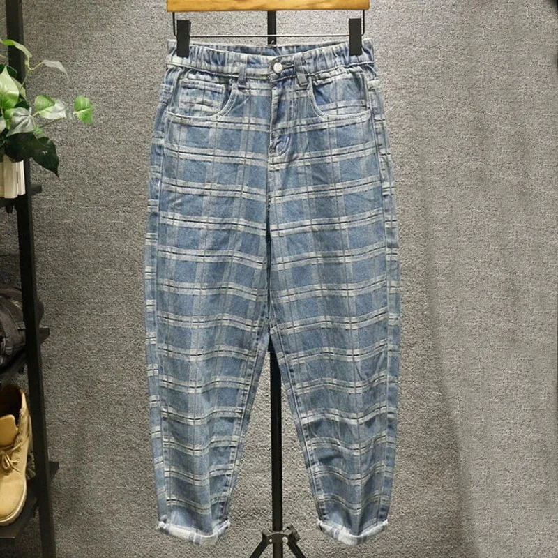 Men Jeans Plaid Denim Pants Men's Straight Loose Fashion Casual Denim Wide Leg Daddy Pants