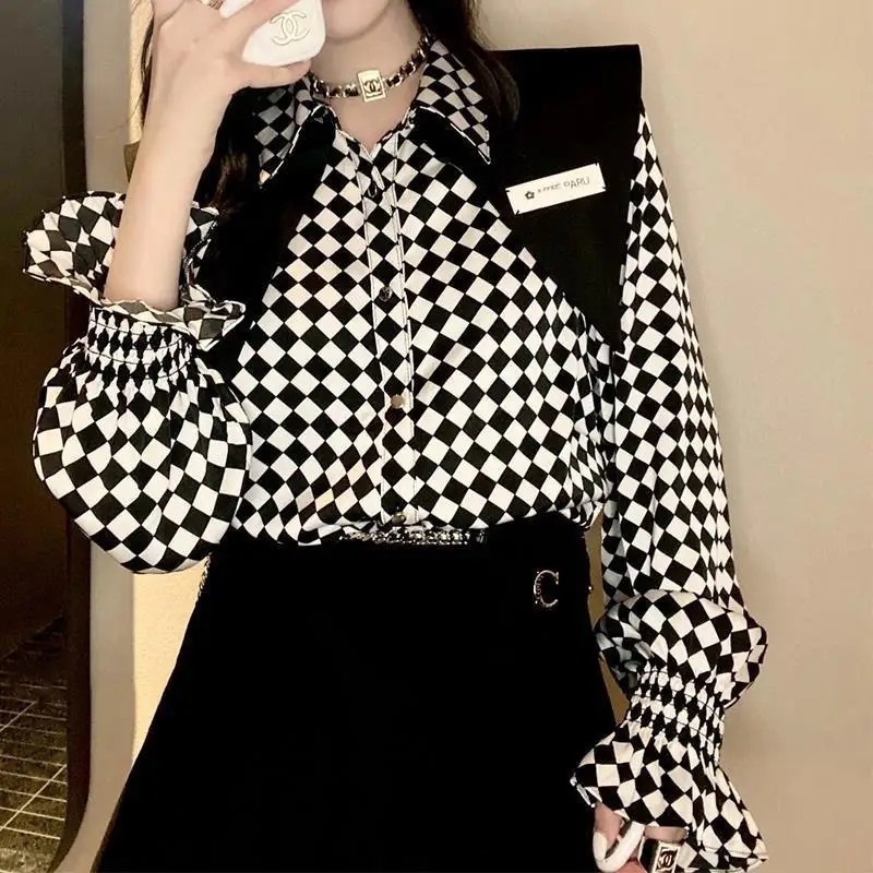 

Black White Plaid Sailor Collar Petal Sleeve Blouse Women Shirt 2022 Harajuku Blouse Spring Plus Size Women Clothing Fashion Top