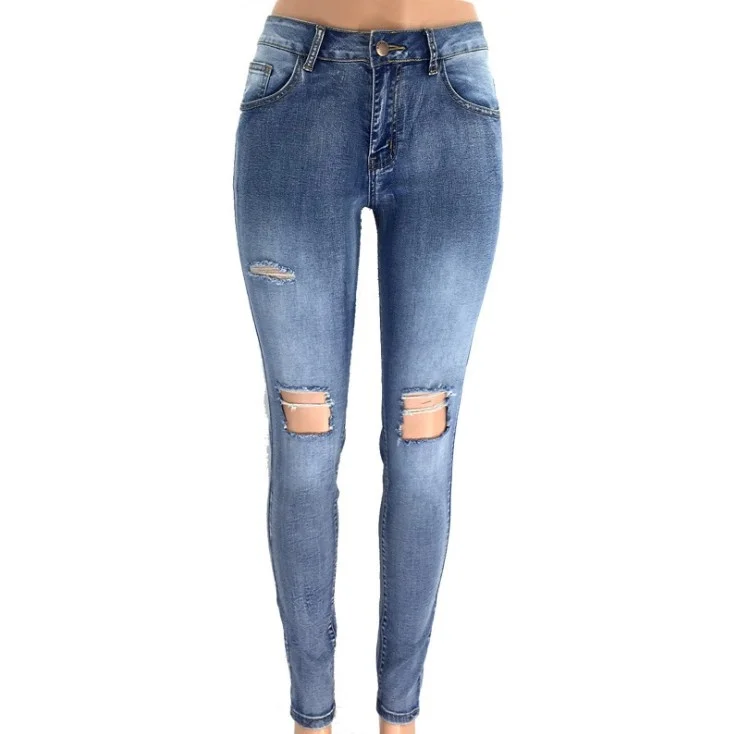 Women's Jeans Womens Skinny Ripped Destroyed Denim Knee With Hole Women Low Waist Pants