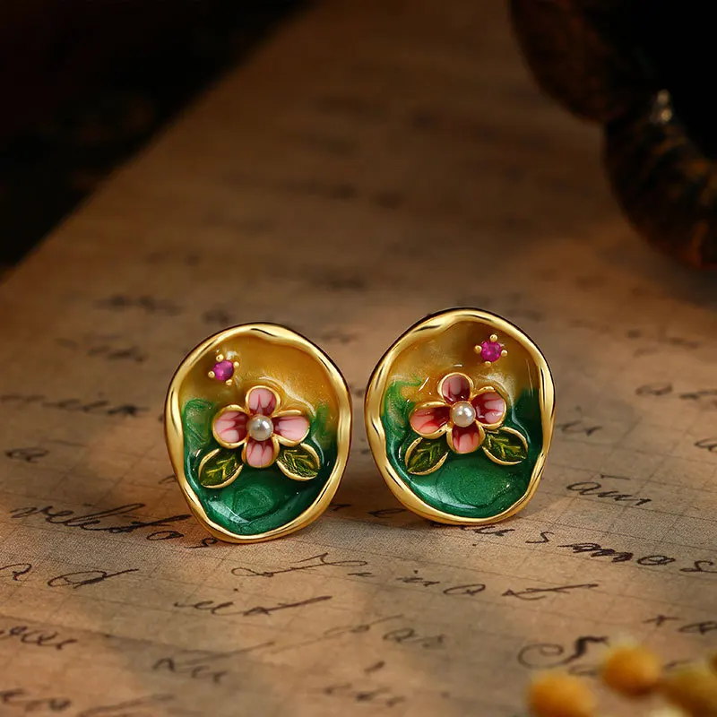 Картина маслом Моне Сад Медь Покрытие Настоящее Золото Эмаль Цветные Серьги