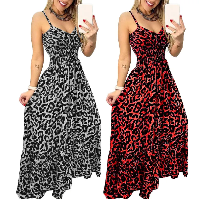 

Платье женское длинное с леопардовым принтом, пикантное облегающее пляжное в стиле бохо, с открытой спиной, с эластичным завышенным поясом, на бретелях-спагетти, на лето