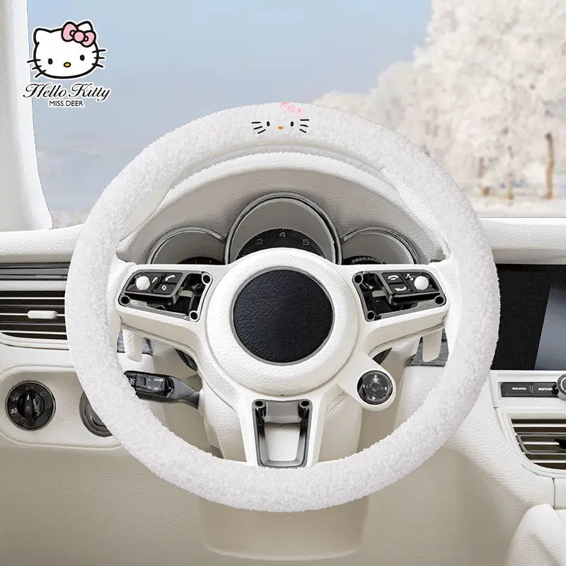 

Sanrio Hellokitty Cartoon Car Steering Wheel Cover Winter Short Plush Lamb Wool Non-Slip Warm Universal Handle Cover