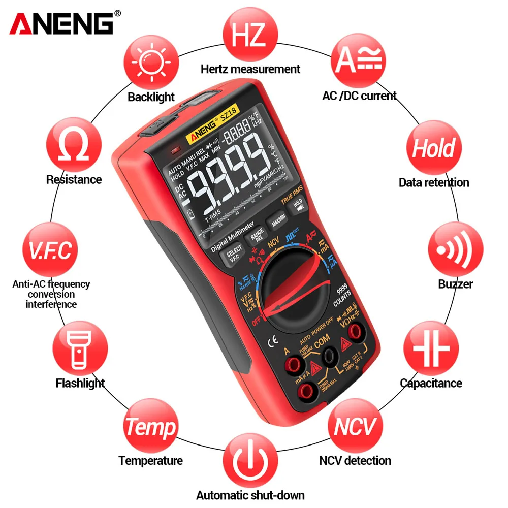 Цифровой мультиметр ANENG SZ18 профессиональный Аналоговый тестер True RMS 9999 дюйма |