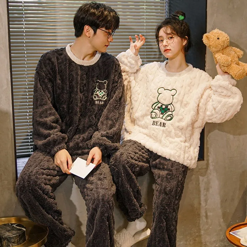 QUHENG 2022 Winter Couples Pyjamas Sets Women Man Thicken Hoodies Pajamas Cartoon Lovers Soft Warm Women Homewear Sleepwear Set