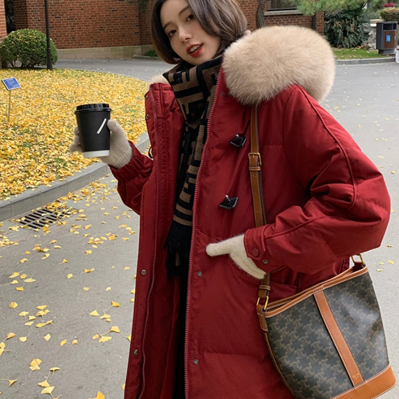 Women Button Decor Hooded Thick Zipper Coats Outerwear Fashion Winter Warm Faux Fur Collar Long Parkas Jackets for Female 2021