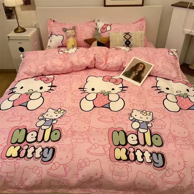 

Hello Kitty Sanrio Washable Cotton Bedding Set 4-Piece Set Cartoon Sanrio Student All-Season Dormitory Quilt Cover 3-Piece Set