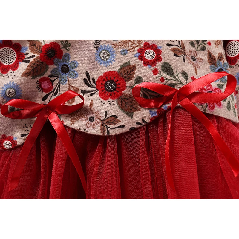 Китайский чехонгсам для девочек детей с бантом, цветочным принтом, винтажным ханьфу, нарядом на Новый год и Рождество, тангсуитом, красным воздушным платьем на зиму.