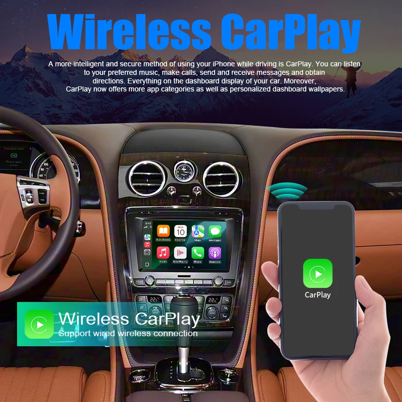 Фото Беспроводной CarPlay для Bentley Flying Spur 2014-2017, Android Auto Airplay, зеркальная связь, модернизированная мультимедийная навигация, обратный ход №2