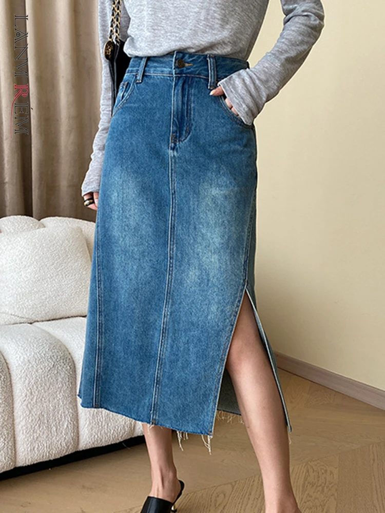 

LANMREM Korean Style Denim Skirt For Women High Waist Split Design A-line Skirts 2023 Fashion Autumn New Clothing 2AA1355