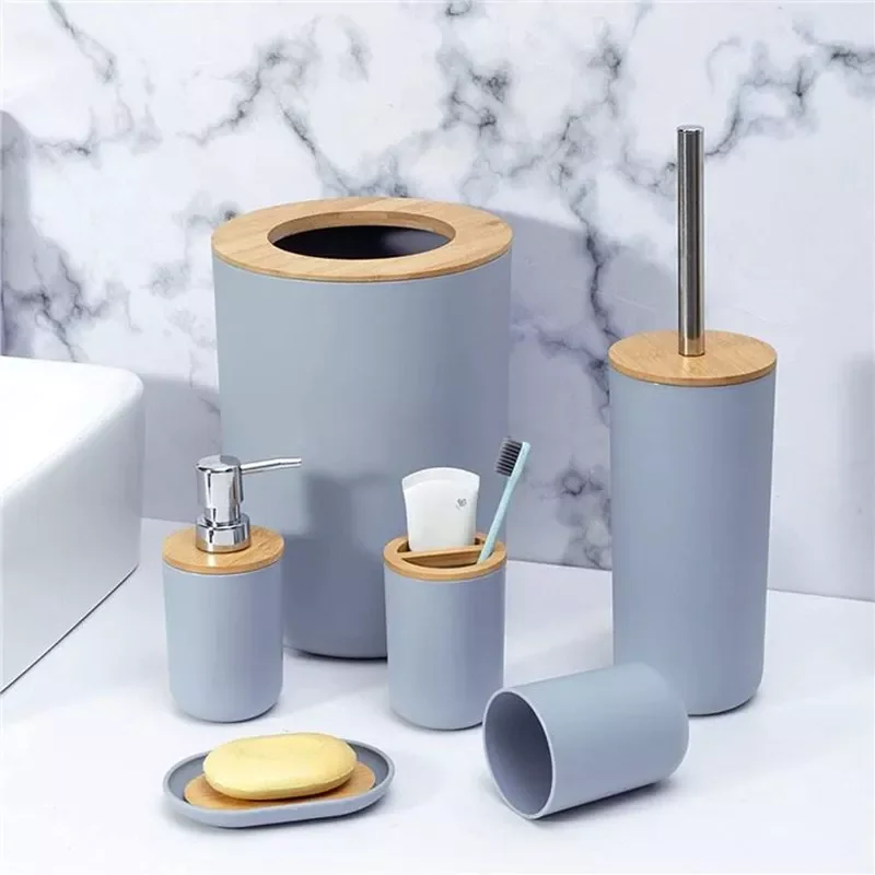 

NEW2023 Bathroom Accessories Set Bamboo Plastic Bathroom Kit Toothbrush Cup, Soap Dispenser, Soap Dish, Toilet Brush Holder,Tras