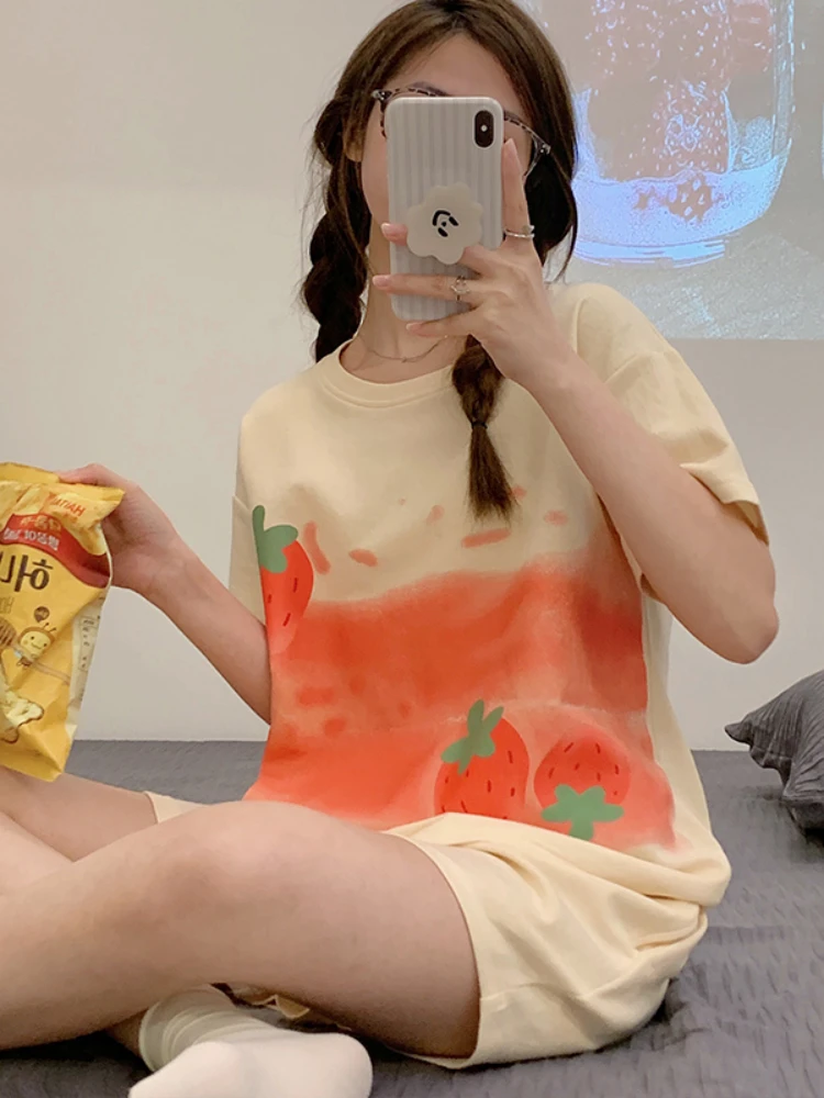 Summer Cotton Women Pajamas Set Loose Leisure Short Sleeve Top+ Pant 2 Pieces Women Sleepwear Home Wear Tracksuit Outwear