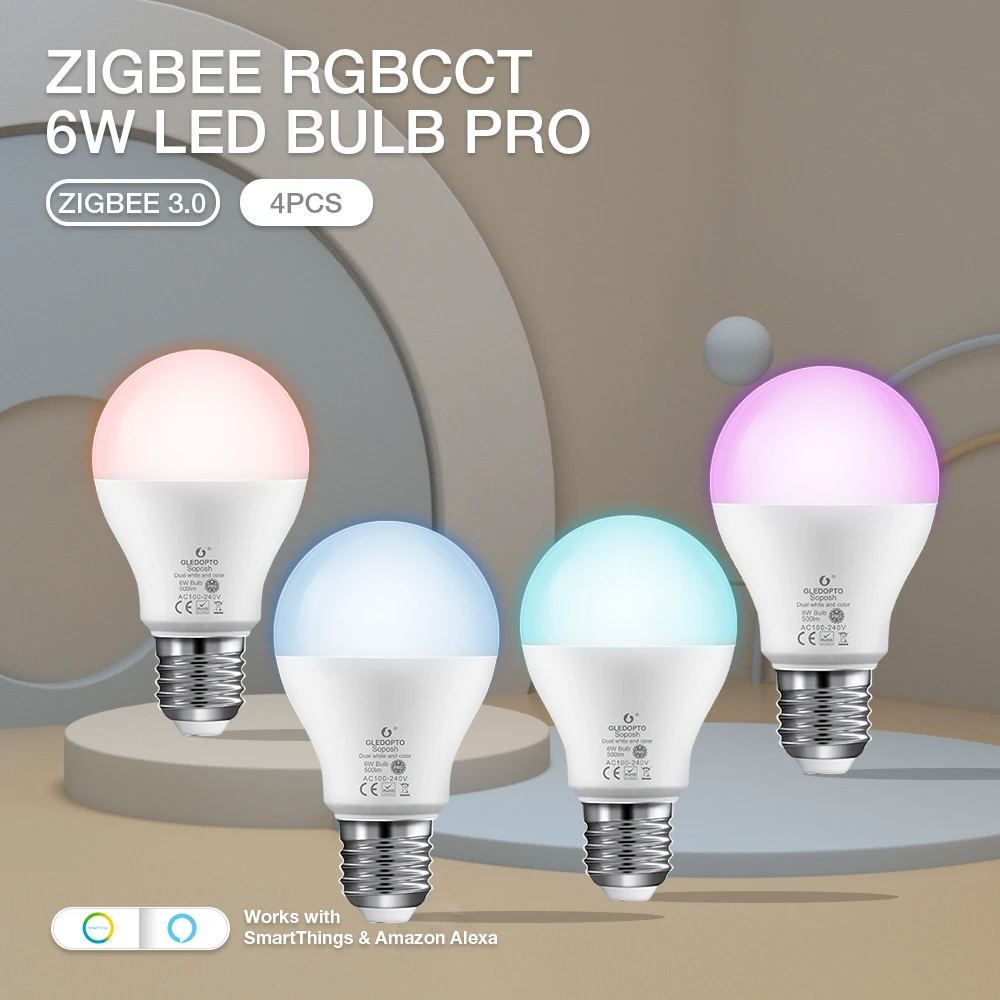 4PCS 6W Zigbee 3.0 RGB LED Bulb Dual White Light Smart LED Lamp Spotlight Indoor Night Lighting Bedroom Living Room