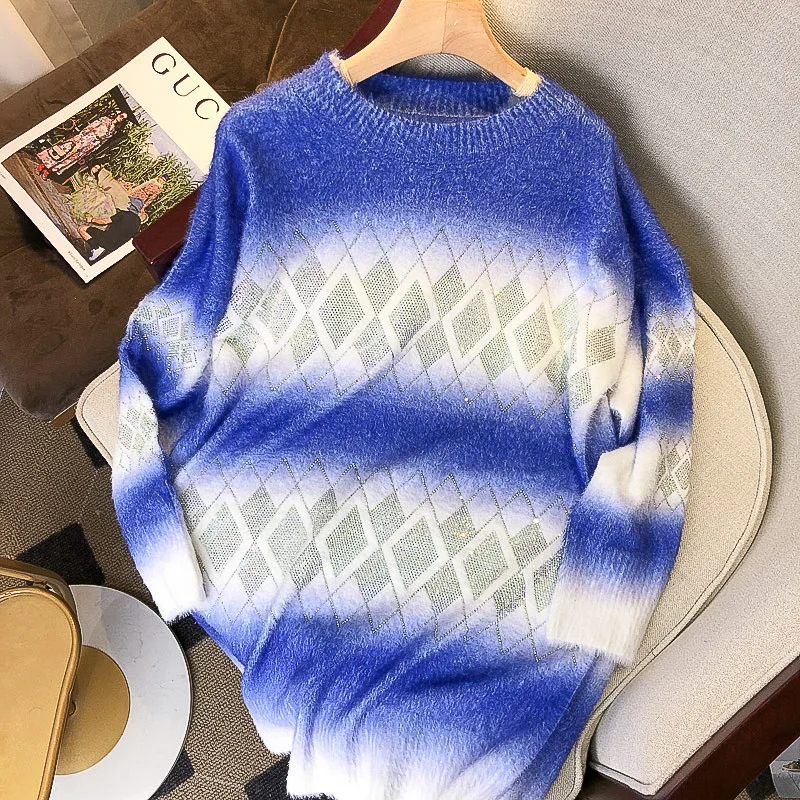 

Модный вязаный Топ Стразы градиентного цвета с ромбовидным узором, женский осенне-зимний свободный приталенный элегантный пуловер, свитер ...