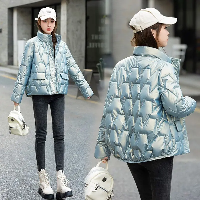 2023 New Women Jacket Winter Glossy Parka Coat Loose Basic Zipper Cotton Padded Female Parkas Thickening Jackets Outwear A05