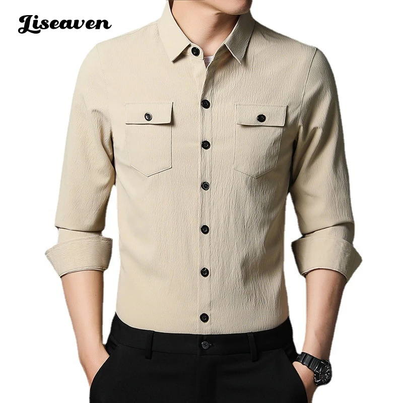 

Liseaven 2022 Mens Military Shirts Casual Dress Long Sleeve Slim Tops Work Shirt Male Solid Full Sleeve Tops Trendy Chest Pocket
