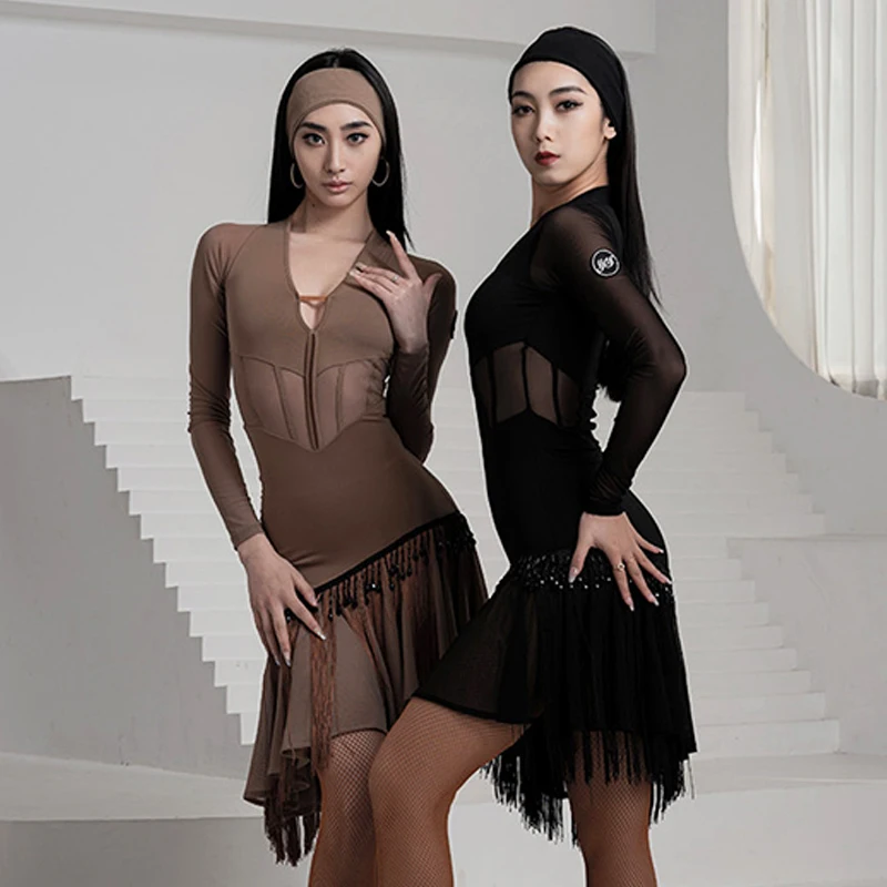 Женский костюм для латиноамериканских танцев черное платье с длинными рукавами