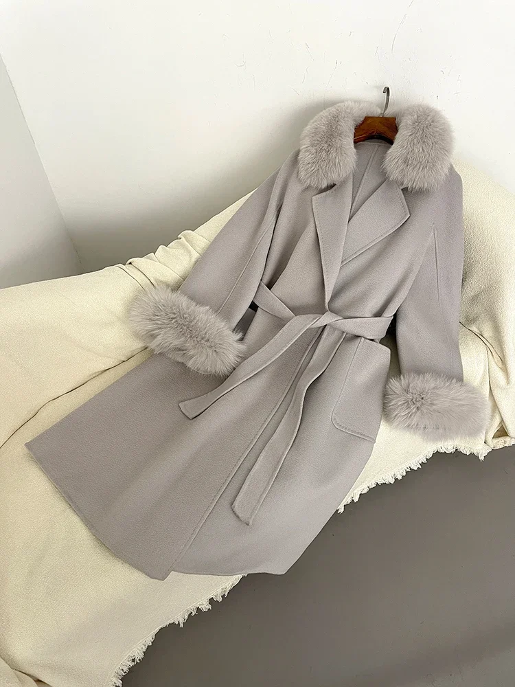 Женское шерстяное пальто с натуральным лисьим мехом элегантная свободная
