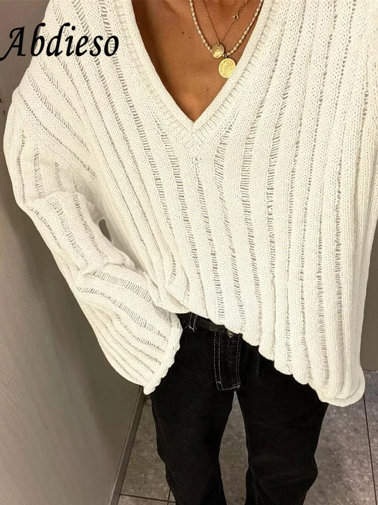 

Abdieso Y2K Oversized Knitted Sweater Women Long Sleeve 2022 Autumn Winter V Neck Loose Casual Pullover Tops Fashion Jumper